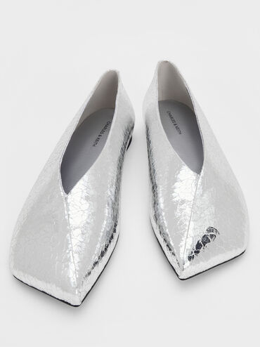 Metallic Crinkle-Effect Asymmetrical Square-Toe Ballet Flats, Silver, hi-res