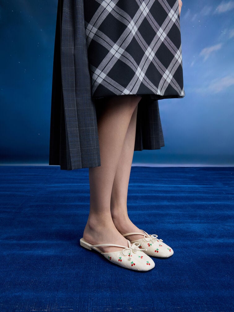 Cherry-Print Pearl-Accent Bow Flat Mules, Multi, hi-res