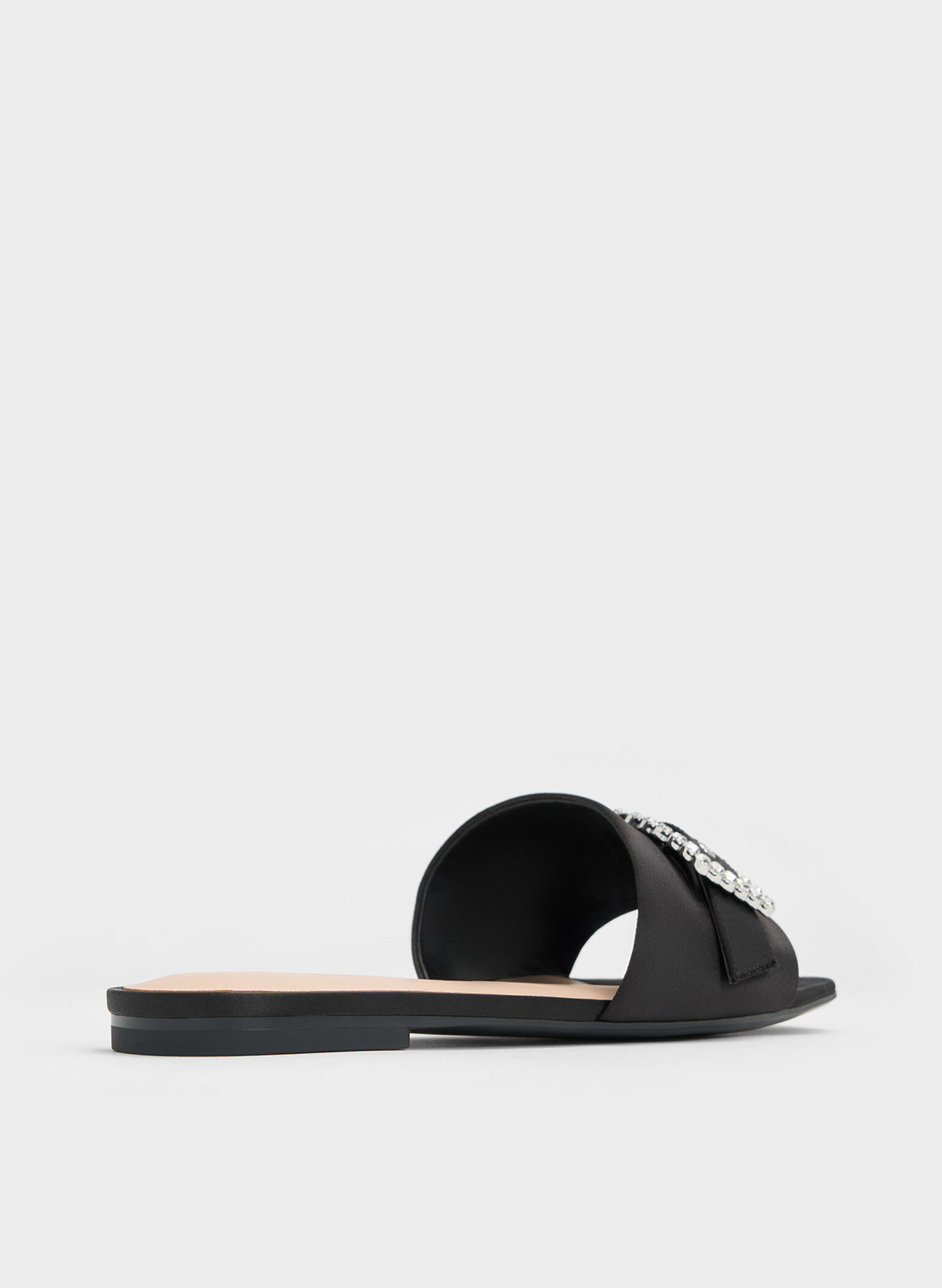 Satin Gem-Buckle Square-Toe Slide Sandals, Black Textured, hi-res