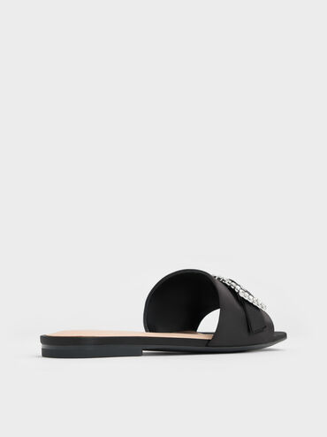 Satin Gem-Buckle Square-Toe Slide Sandals, Black Textured, hi-res
