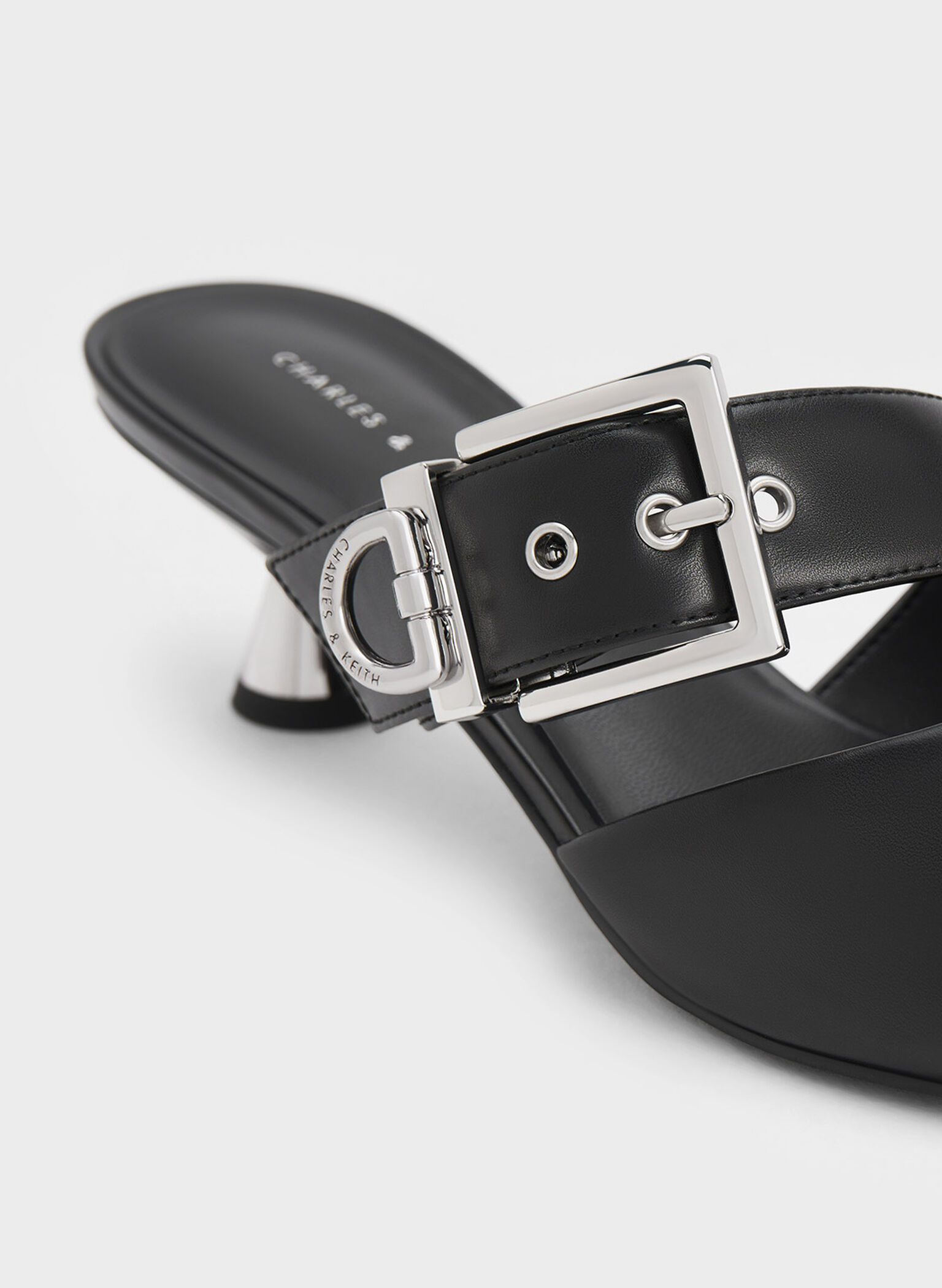 Asymmetric Buckle Heeled Mules, Black, hi-res