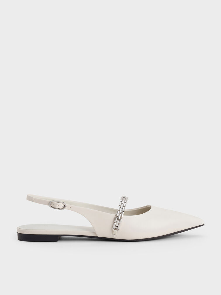 Chain-Strap Pointed-Toe Slingback Flats, Chalk, hi-res