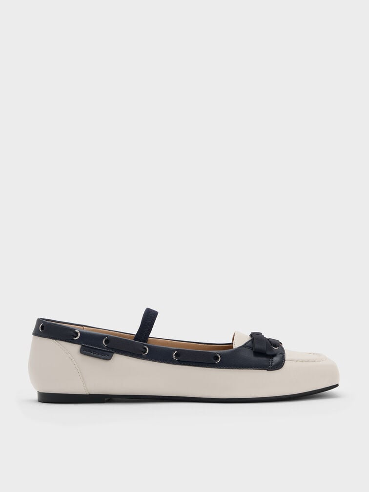 Bow Two-Tone Boat-Shoe Flats, Chalk, hi-res