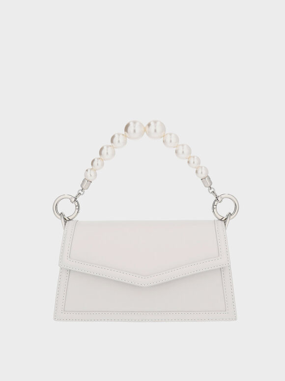 The Bridal Collection: Leather Bead-Handle Envelope Bag, White, hi-res