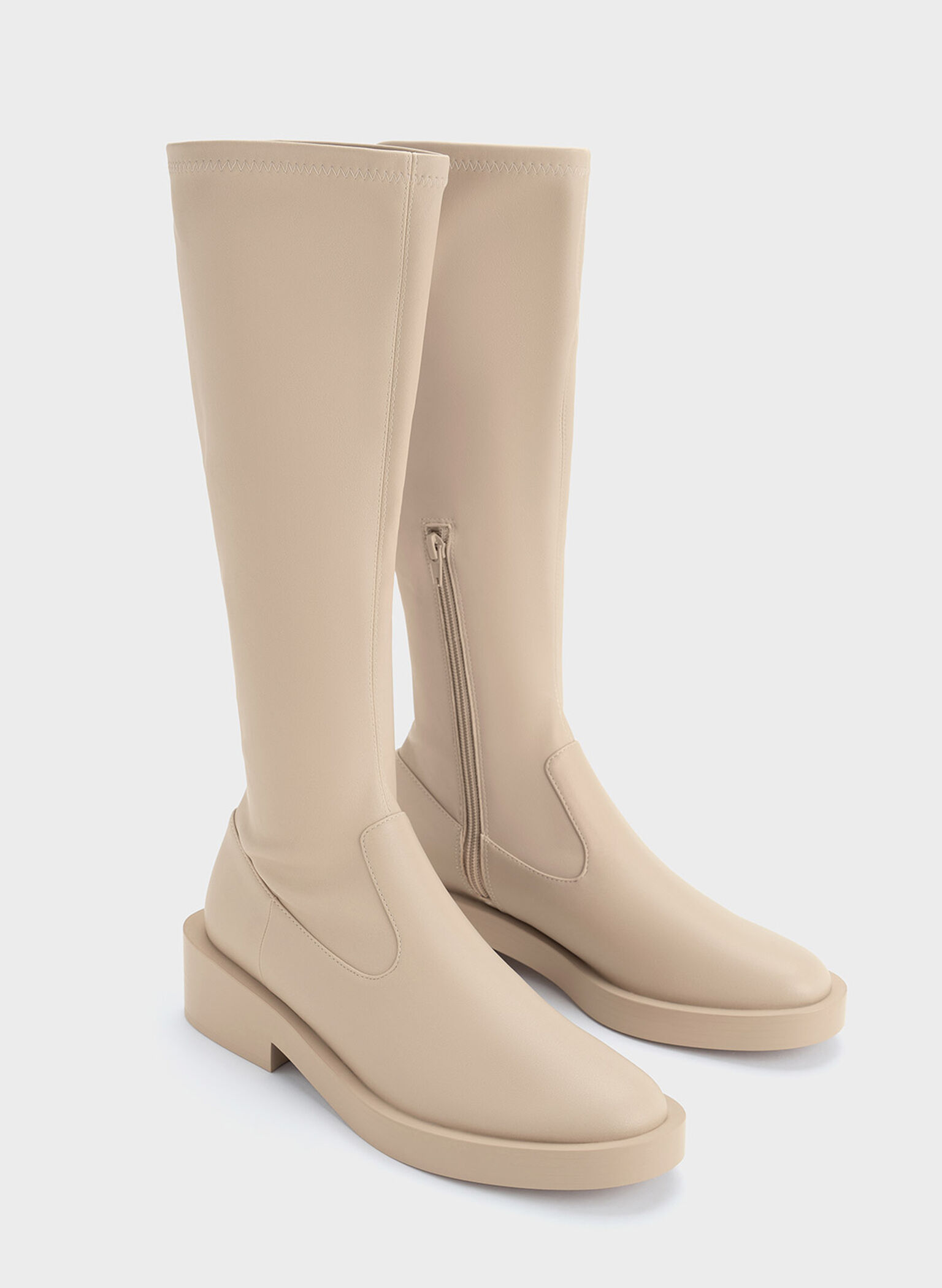 Side Zip Knee-High Boots, Beige, hi-res