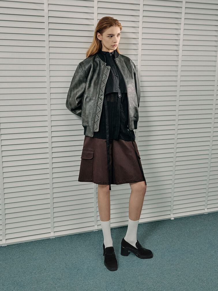 Penny Loafer Block-Heel Pumps, Black Textured, hi-res