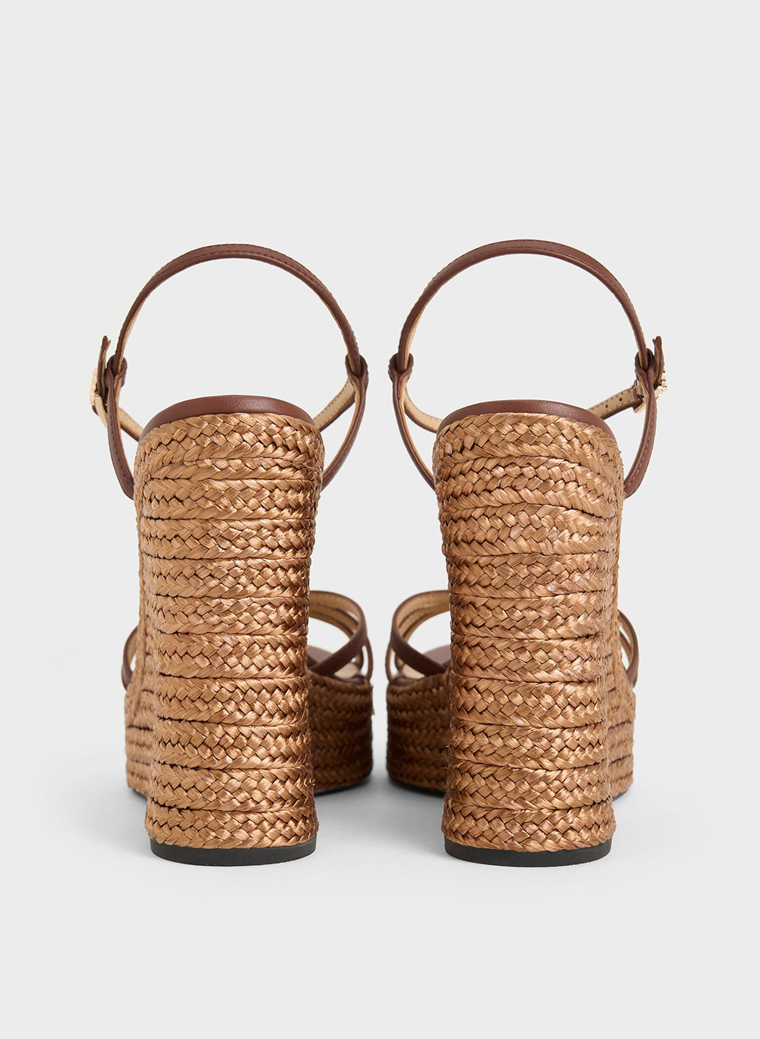 Leather Strappy Espadrille Wedges, Brown, hi-res