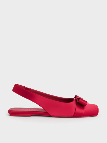 Satin Bow Slingback Ballet Flats, Red, hi-res