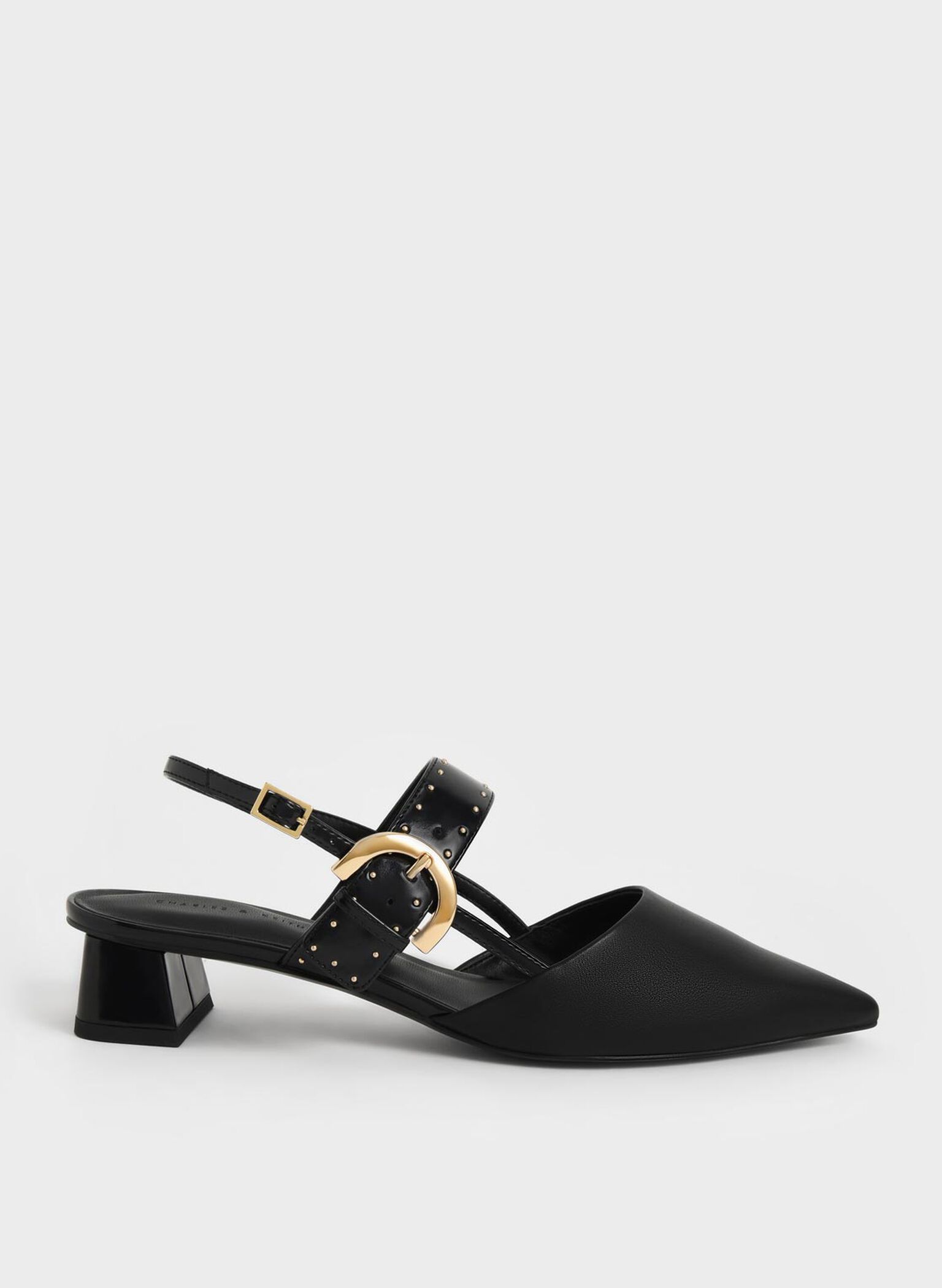 Studded Buckled Slingback Pumps, Black, hi-res
