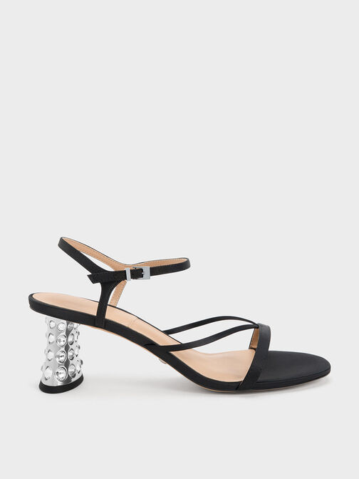 Embellished Heel Recycled Polyester Sandals, Black, hi-res