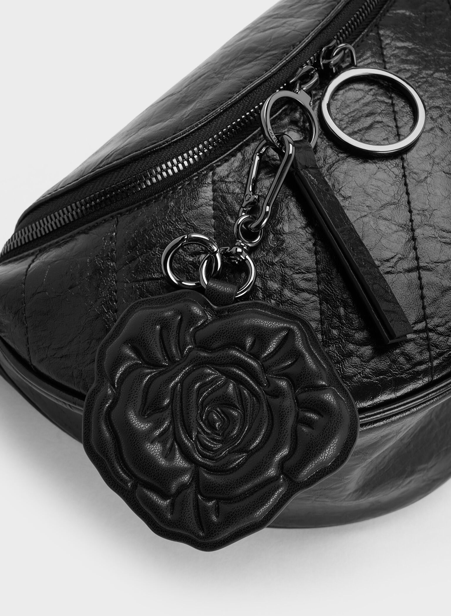 Philomena Rose-Motif Half-Moon Crossbody Bag, Noir, hi-res