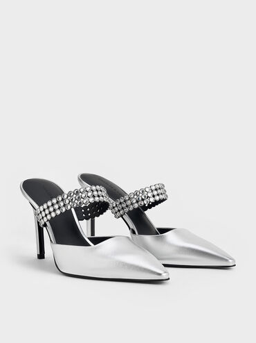 Patent Crystal-Embellished Heeled Mules, Silver, hi-res