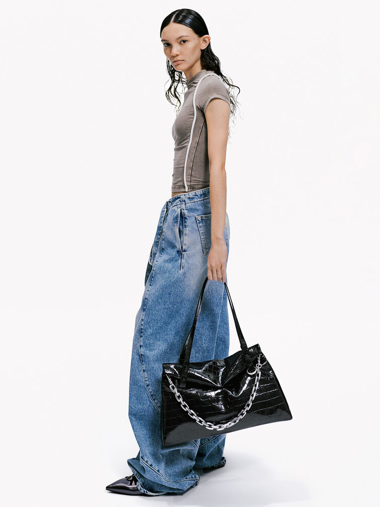 Andromeda Croc-Effect Chunky-Chain Trapeze Tote Bag, Noir, hi-res
