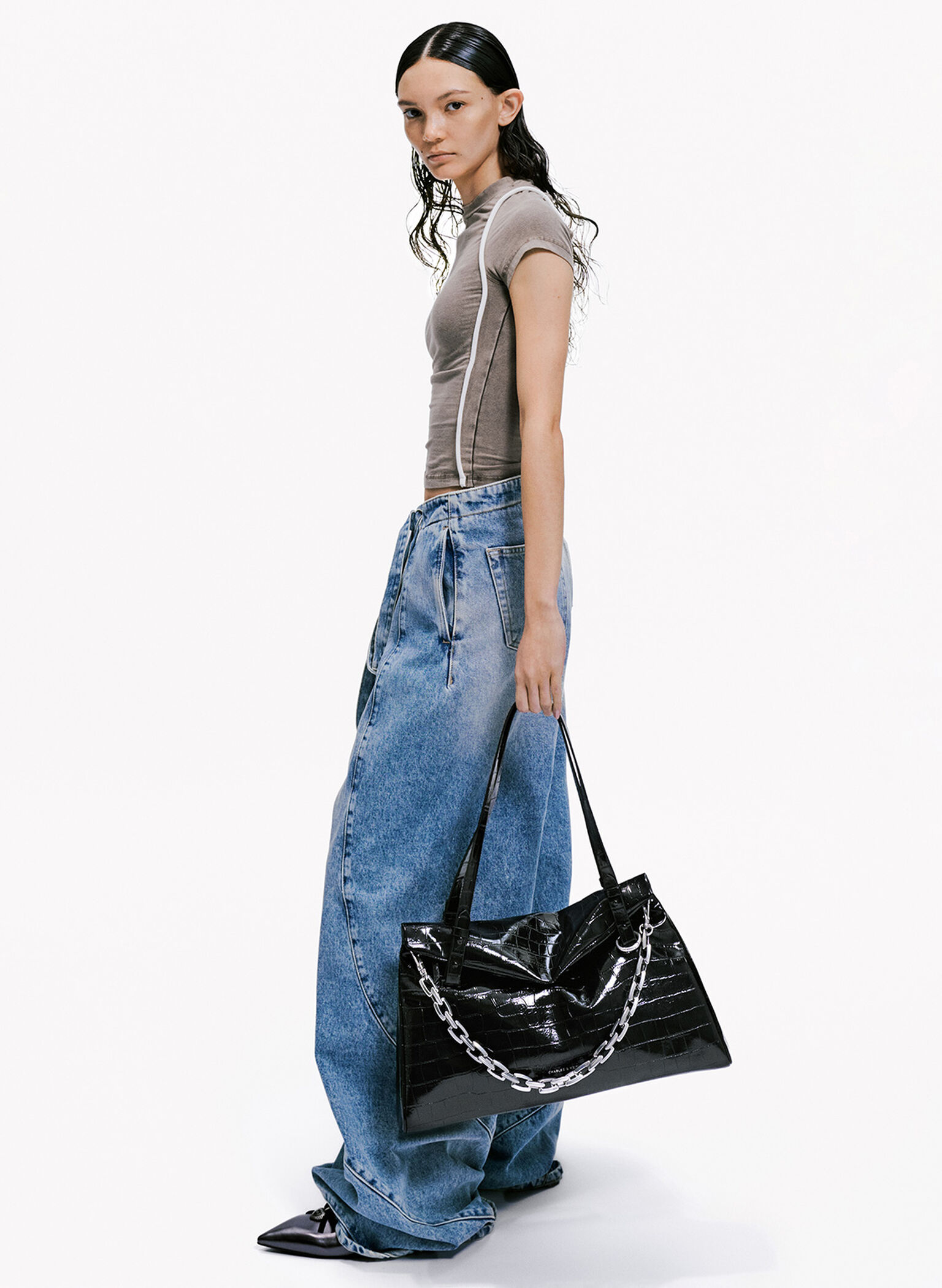 Andromeda Croc-Effect Chunky-Chain Trapeze Tote Bag, Noir, hi-res