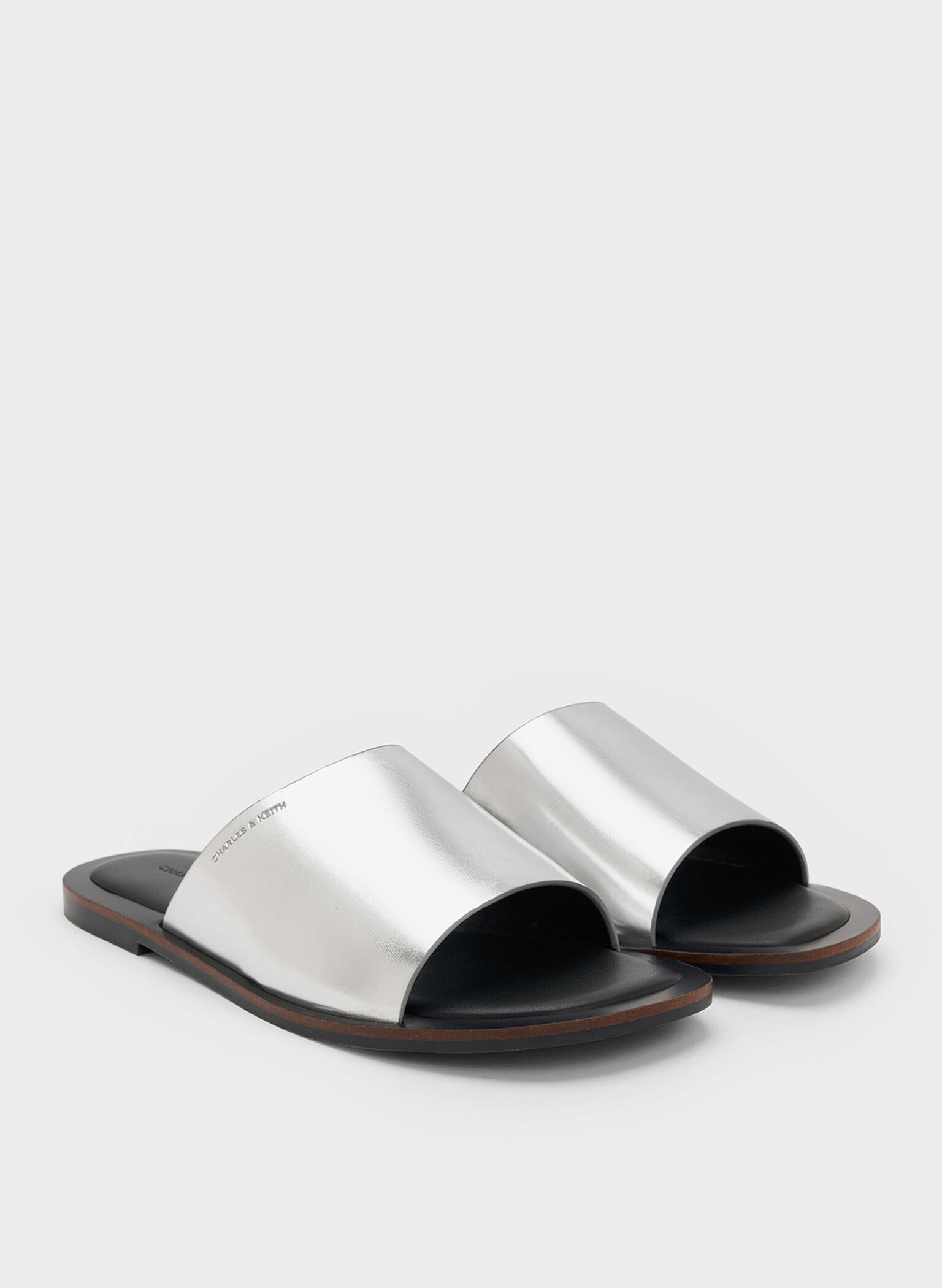 Metallic Wide-Strap Slide Sandals, Silver, hi-res