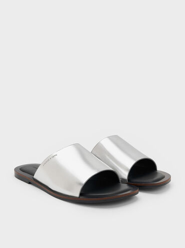 Metallic Wide-Strap Slide Sandals, Silver, hi-res