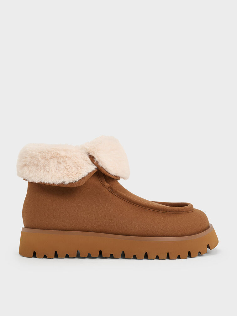 Textured Fur-Lined Ridged-Sole Ankle Boots, Brown, hi-res