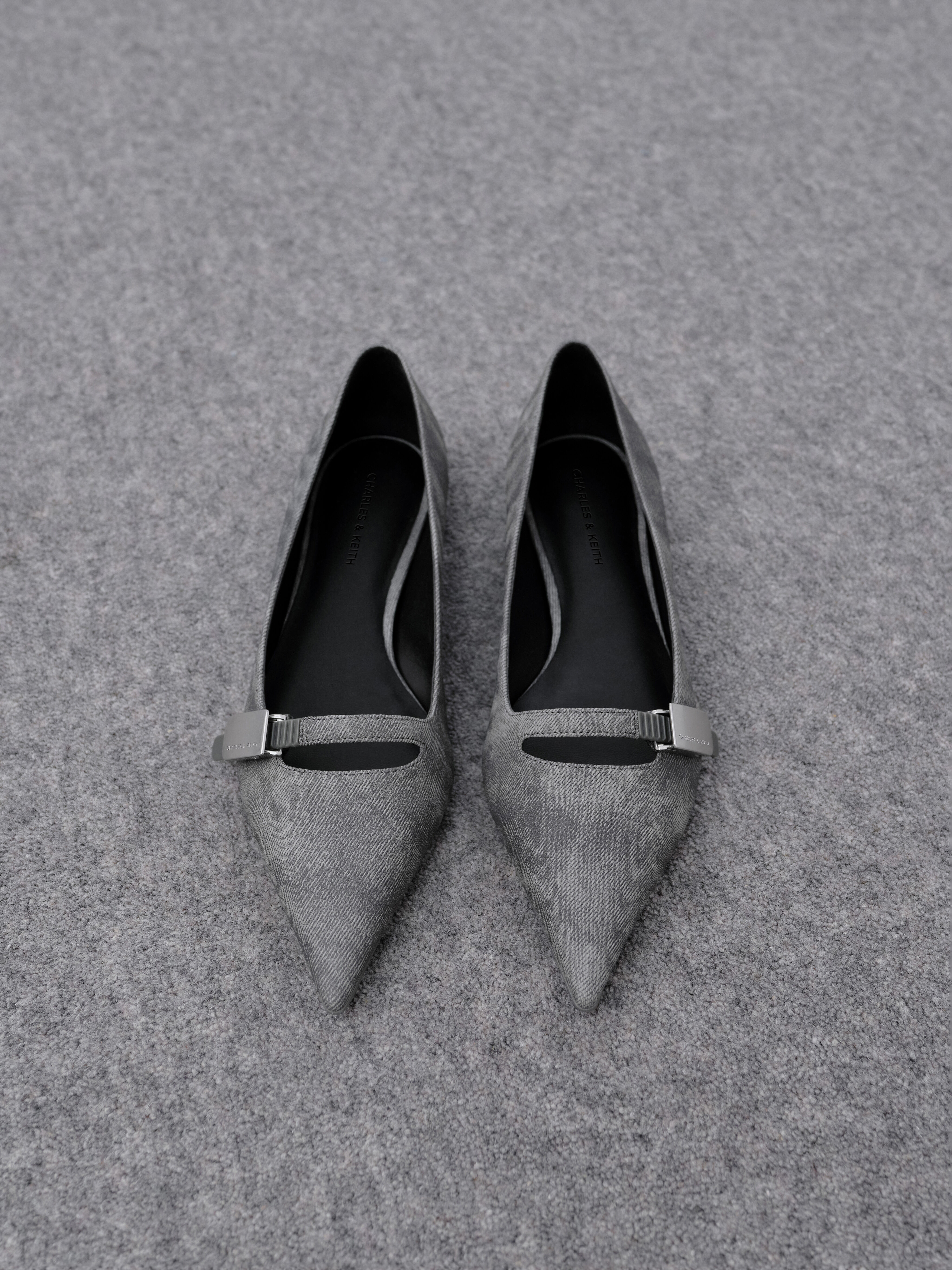 Robbie Denim Effect Pointed Toe Ballet Flats Dark Grey