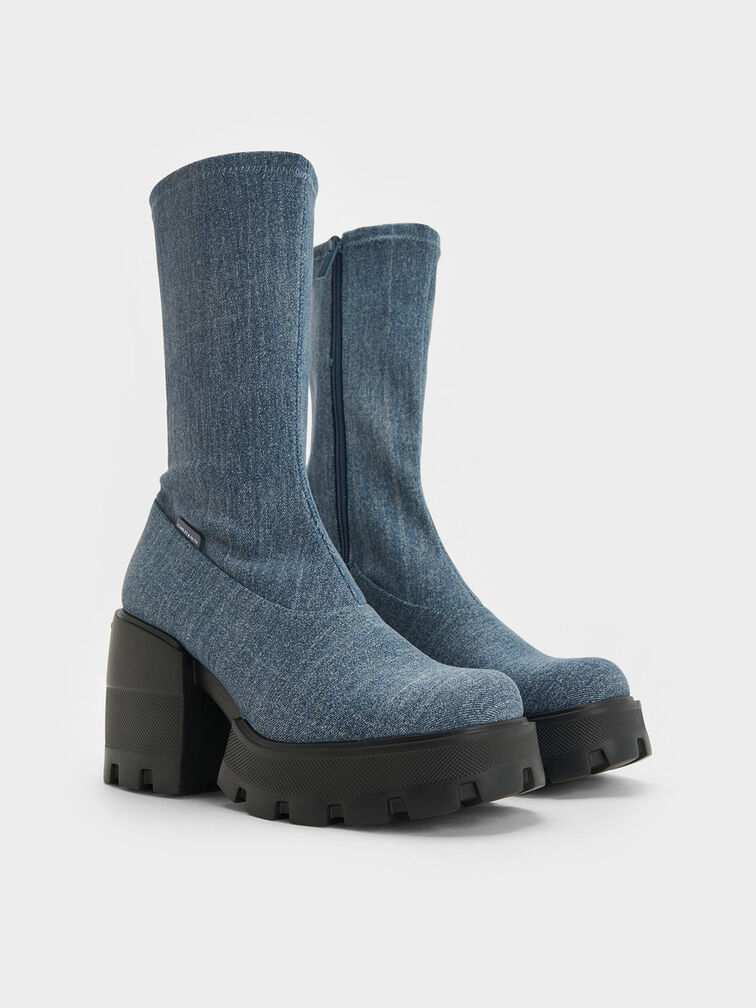 Denim Side-Zip Platform Calf Boots, Denim Blue, hi-res
