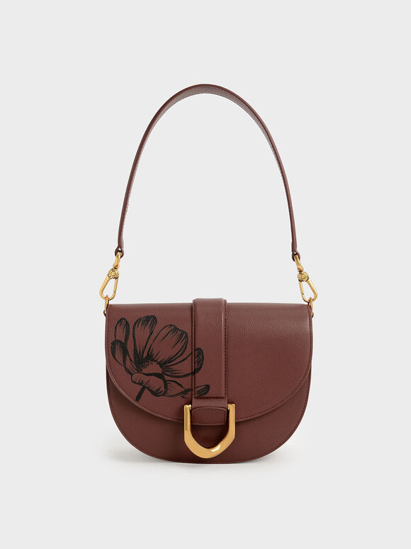 Hand-Painted Floral Gabine Leather Saddle Bag, Brown, hi-res
