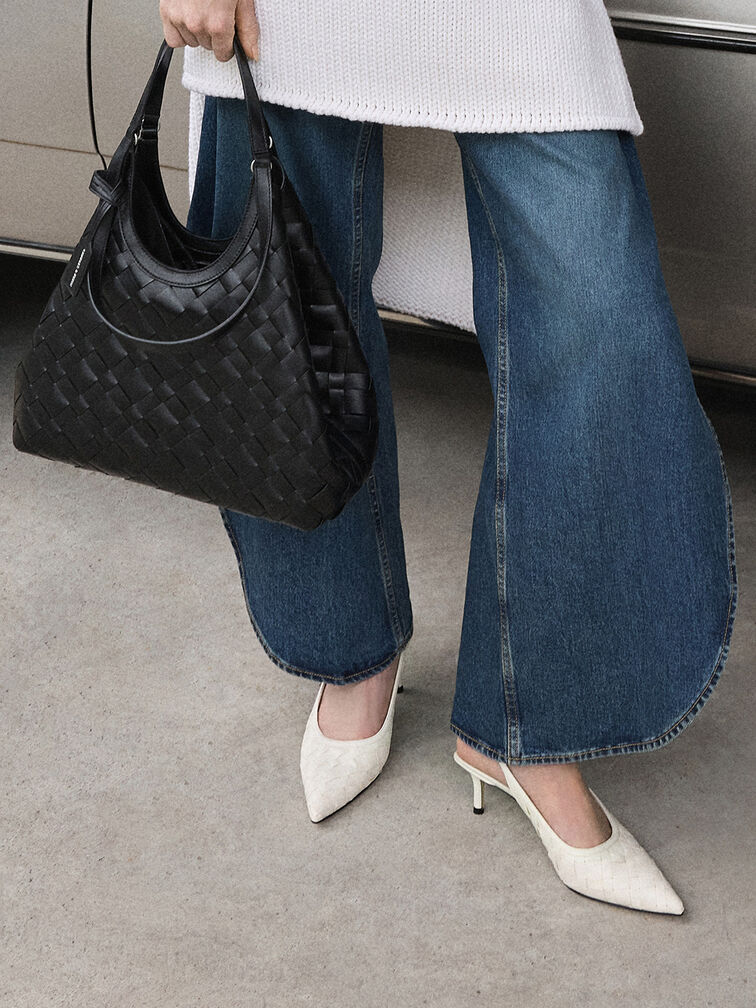 Woven Pointed-Toe Slingback Pumps, Chalk, hi-res