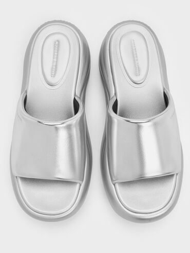 Metallic Wide-Strap Curved Platform Sports Sandals, Silver, hi-res