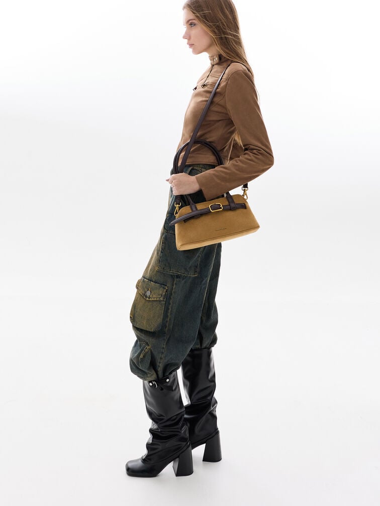 Victoria Recycled Suede Belted Elongated Shoulder Bag, Sahara Sand, hi-res