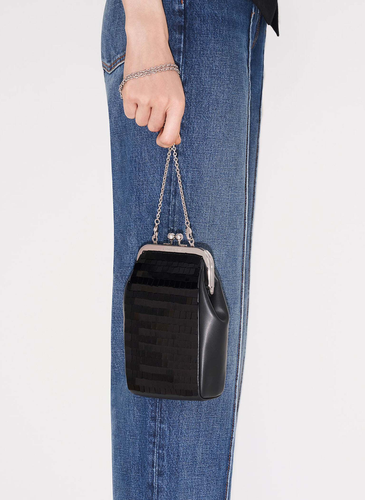 Disc-Embellished Chain Handle Pouch, Black, hi-res