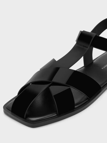 Patent Strappy Crossover Sandals, Black Patent, hi-res