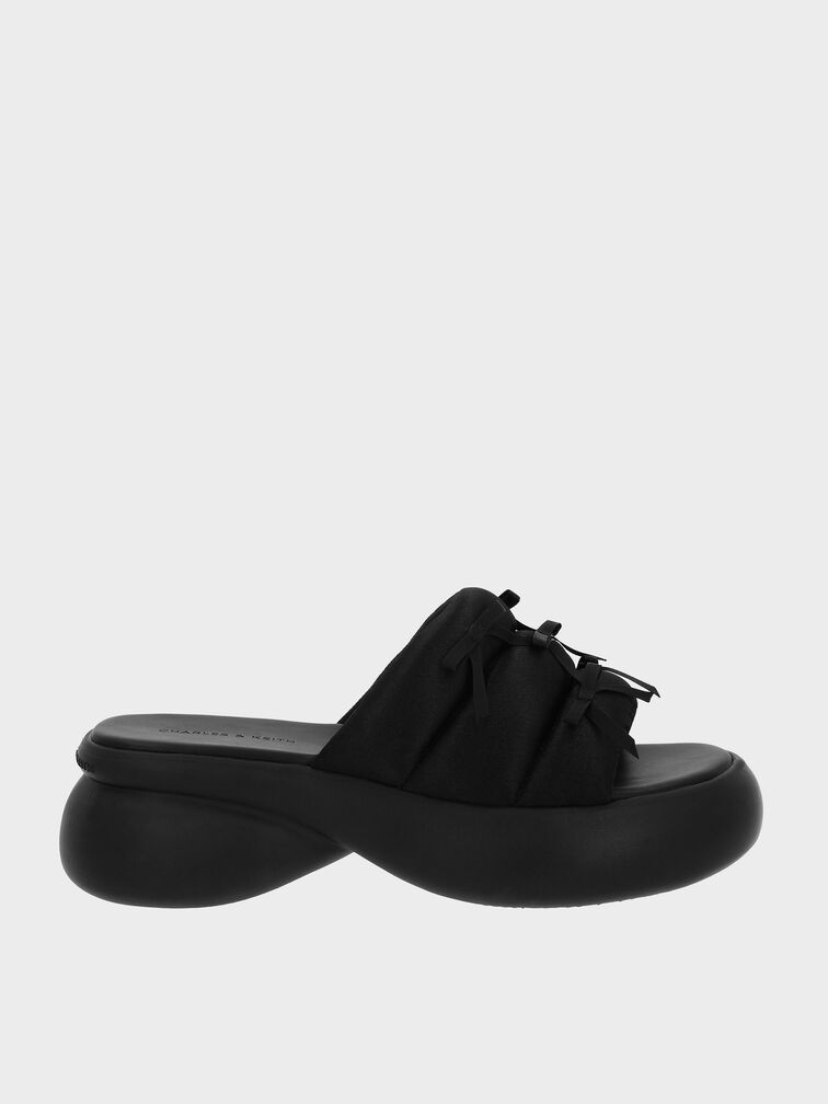 Recycled Polyester Bow Puffy Sports Sandals, Black Textured, hi-res