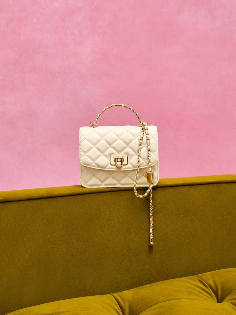 Arwen Tweed Diamond-Quilt Braided-Strap Shoulder Bag, Cream Tweed, hi-res