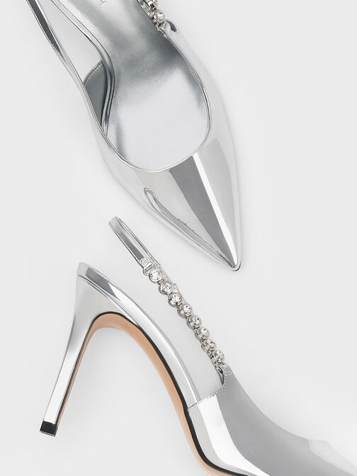 Gem-Strap Metallic Slingback Pumps, Silver, hi-res