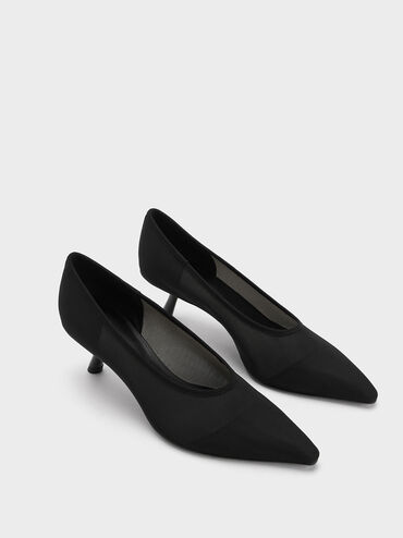 Mesh Slant-Heel Pointed-Toe Pumps, Black Textured, hi-res