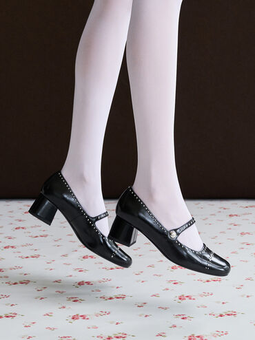 Studded Mary Jane Pumps, Black Box, hi-res