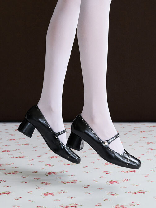 Studded Mary Jane Pumps, Black Box, hi-res