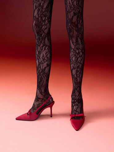 Satin Bow Pointed-Toe Slingback Pumps, Red, hi-res