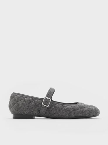 Carmel Felt Quilted Buckled Mary Jane Flats, Grey, hi-res