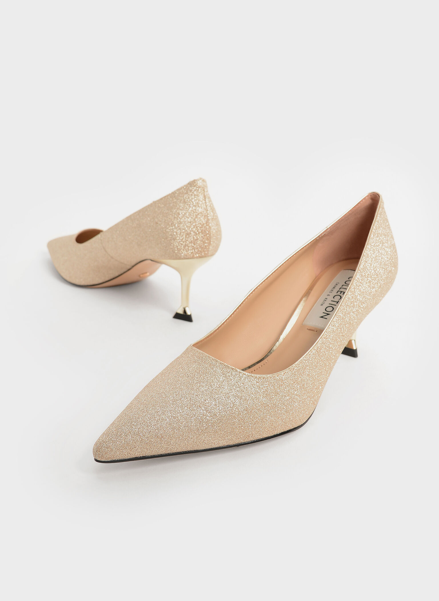 Glittered Kitten Heel Pumps, Gold, hi-res
