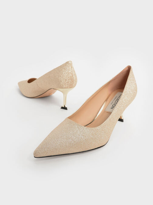 Glittered Kitten Heel Pumps, Gold, hi-res