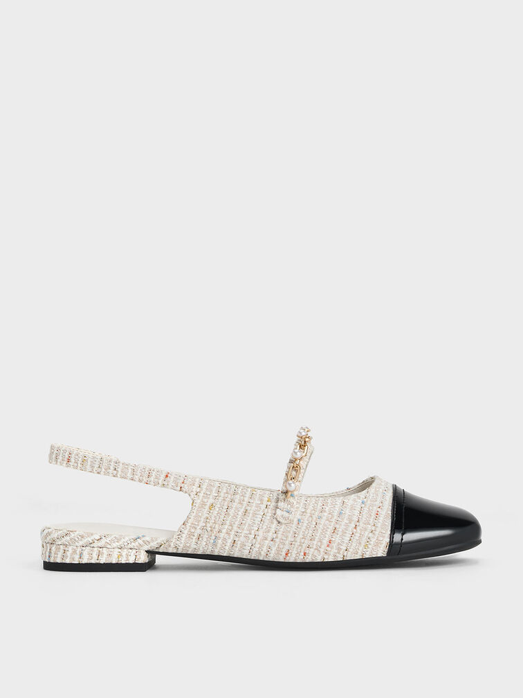 Tweed Beaded Chain-Link Slingback Flats, Cream, hi-res