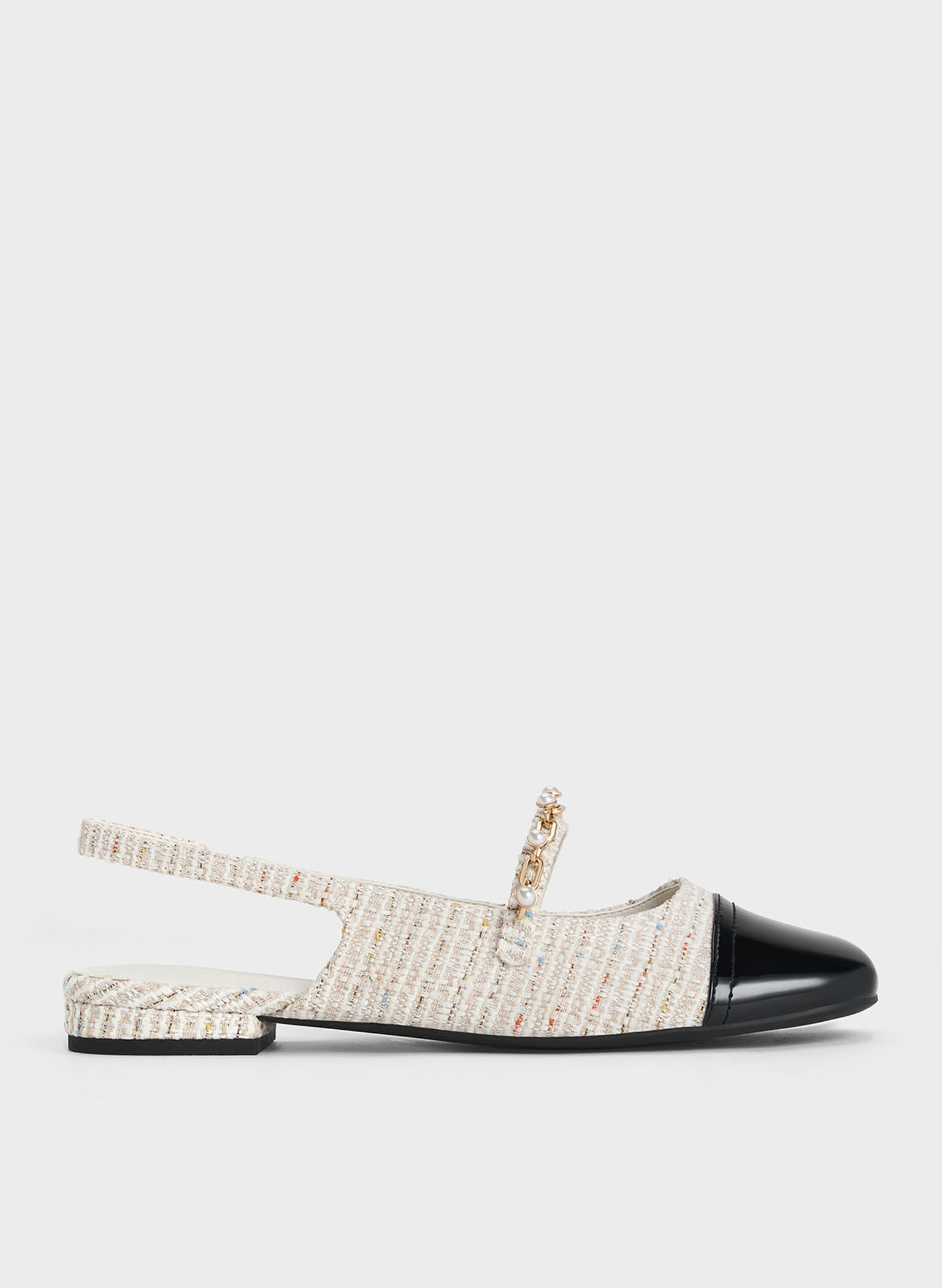 Rio Tweed Beaded Chain-Link Slingback Flats, Cream, hi-res