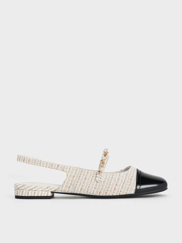 Rio Tweed Beaded Chain-Link Slingback Flats, Cream, hi-res