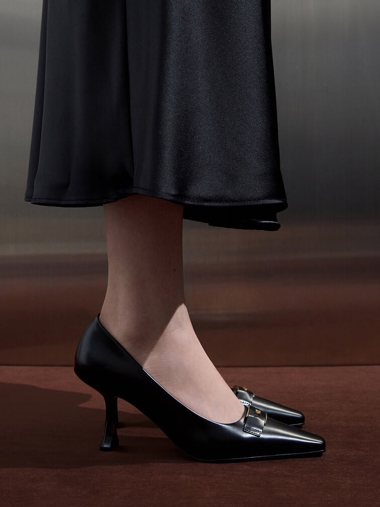 Leather Sculptural-Heel Square-Toe Pumps, Black Box, hi-res