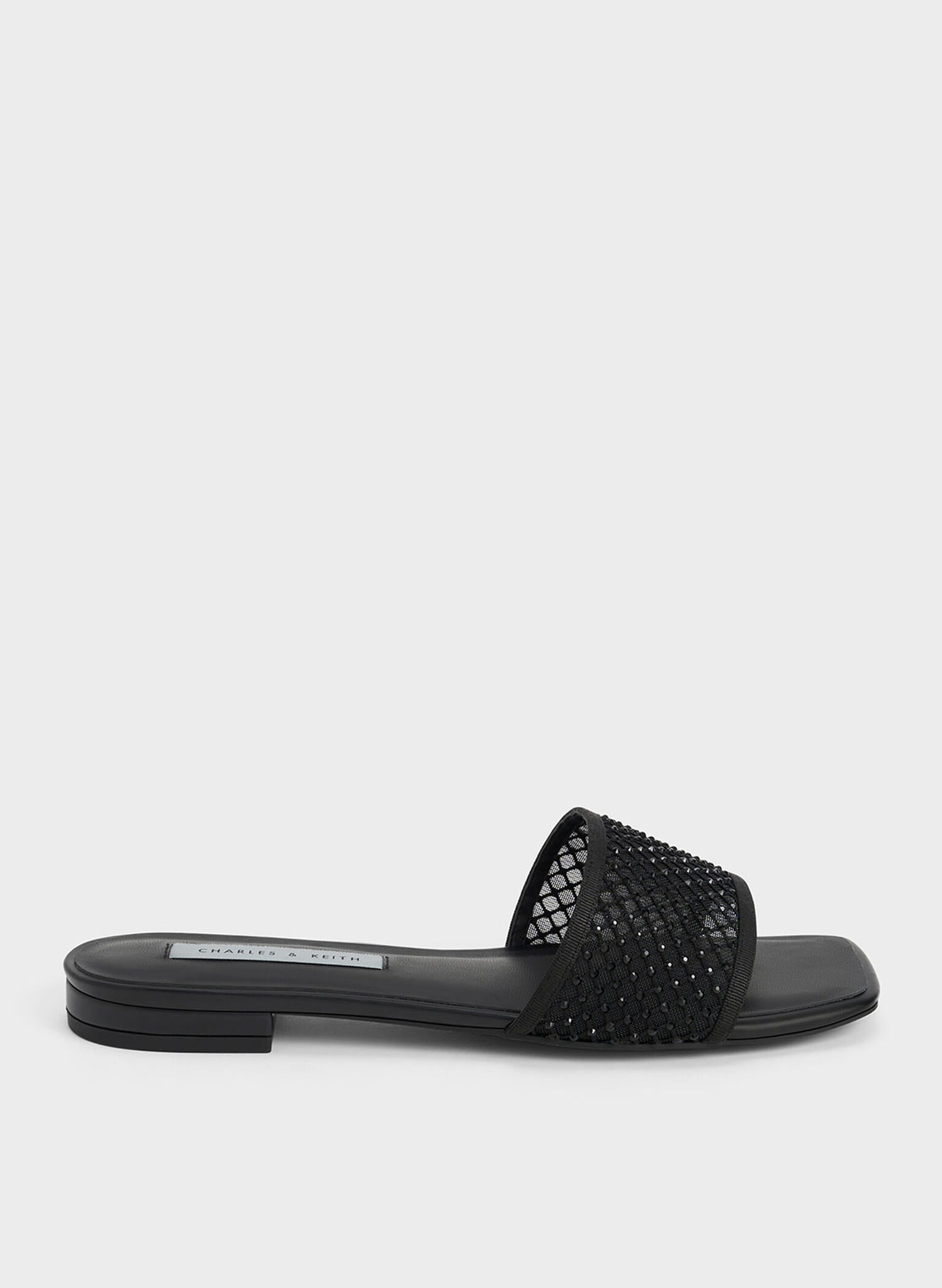 Gem-Encrusted Mesh Slide Sandals, Black, hi-res