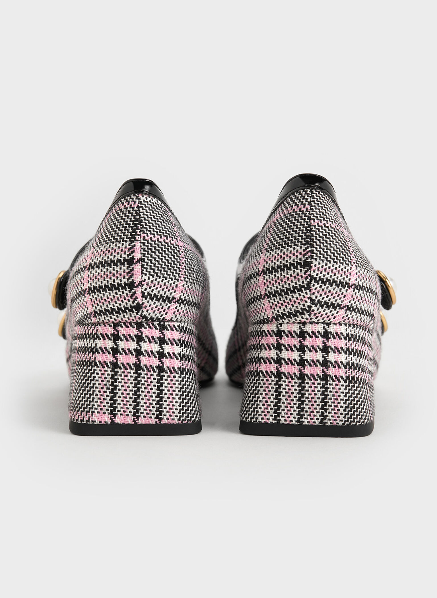 Plaid Pearl-Buckle Mary Jane Pumps, Pink, hi-res