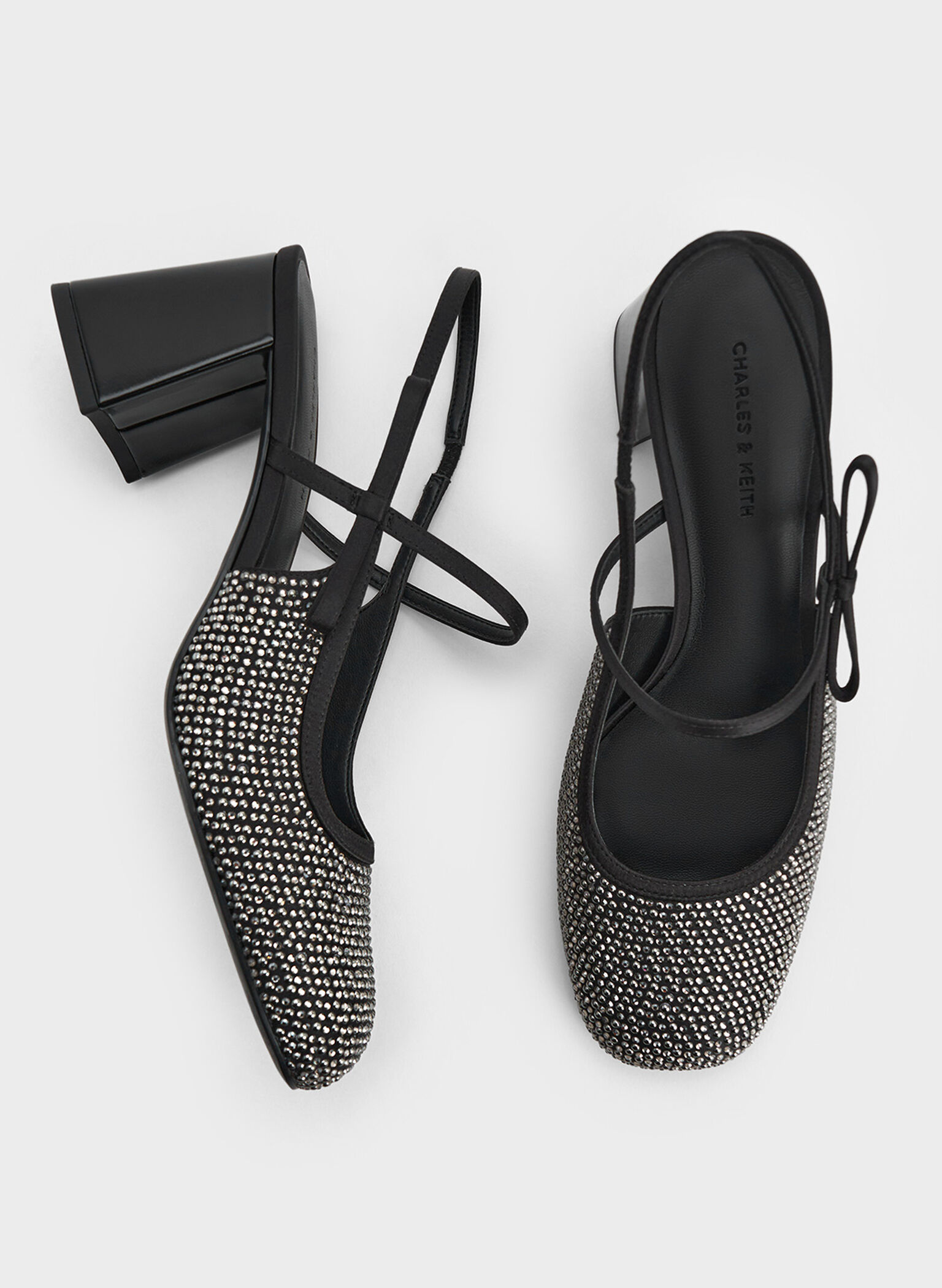 Satin Crystal-Embellished Slingback Mary Jane Pumps, Black Textured, hi-res