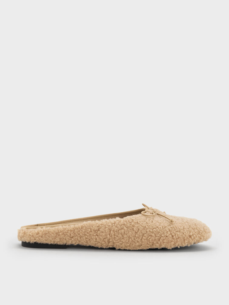 Nancy Faux Shearling Bow Ballet Mules, Brown, hi-res