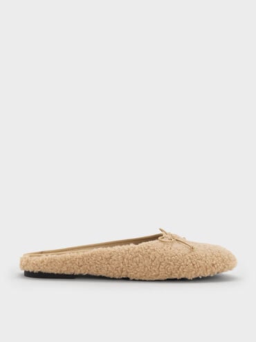 Nancy Faux Shearling Bow Ballet Mules, Brown, hi-res