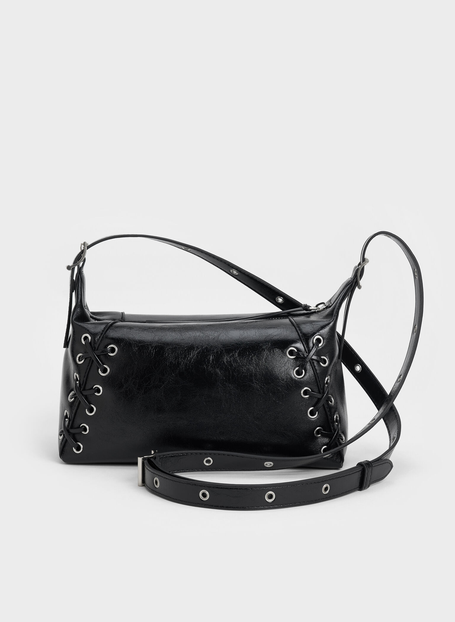 Xylia Grommet Lace-Up Shoulder Bag, Noir, hi-res