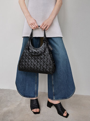 Woven Square-Toe Heeled Mules, Black, hi-res